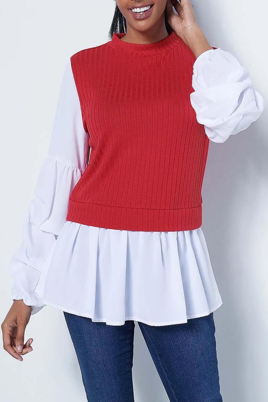 Truth + Style Mix Media Jersey Top Woven Pick-Up Sleeves Red/White - Regular
